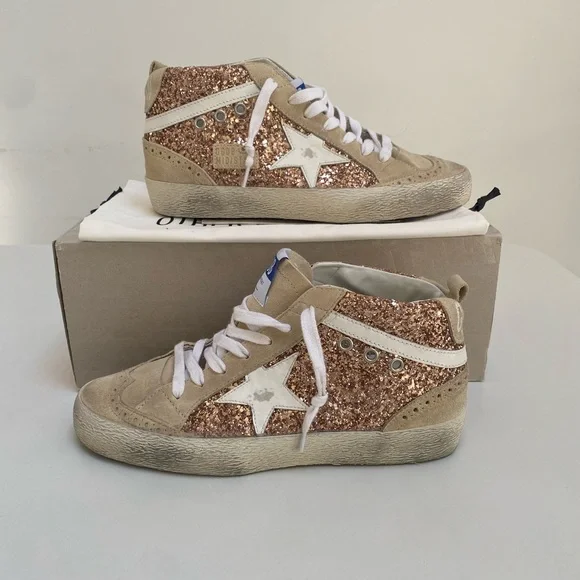Golden Goose Mid Star Sneaker Rose Gold Glitter/Beige Leather/Suede 39 New Box - Picture 4 of 15